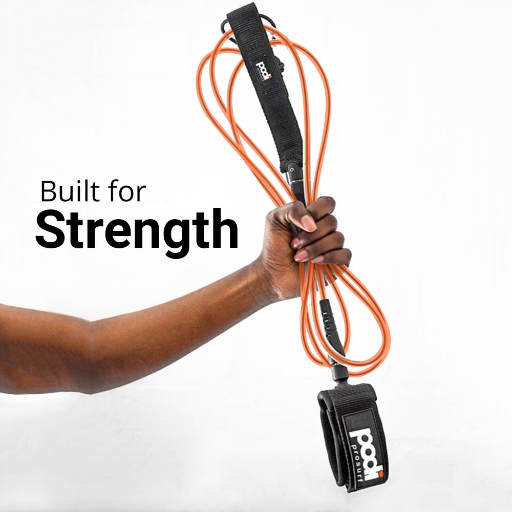 built-orange Podipro surf leashes - built for strength